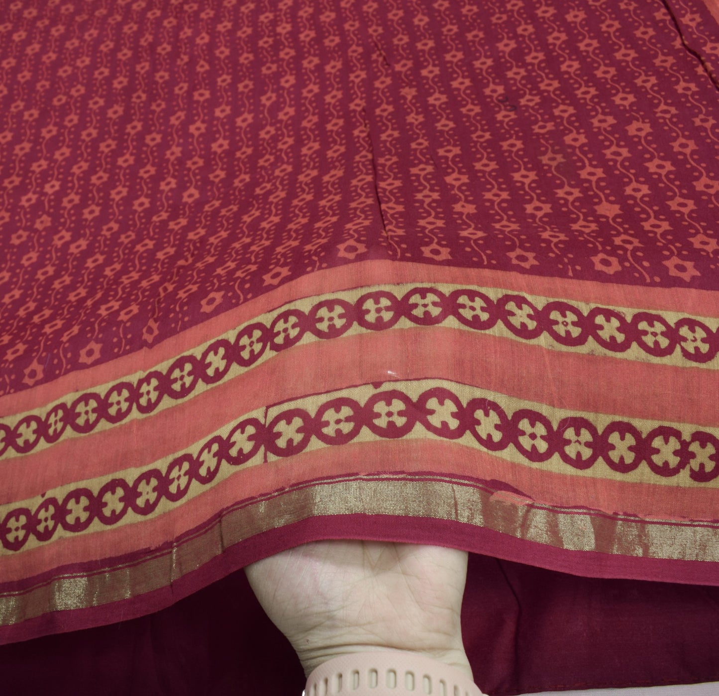 Sushila Vintage Burgundy Saree Pure Cotton Silk Handblock  5YD Sari Craft Fabric
