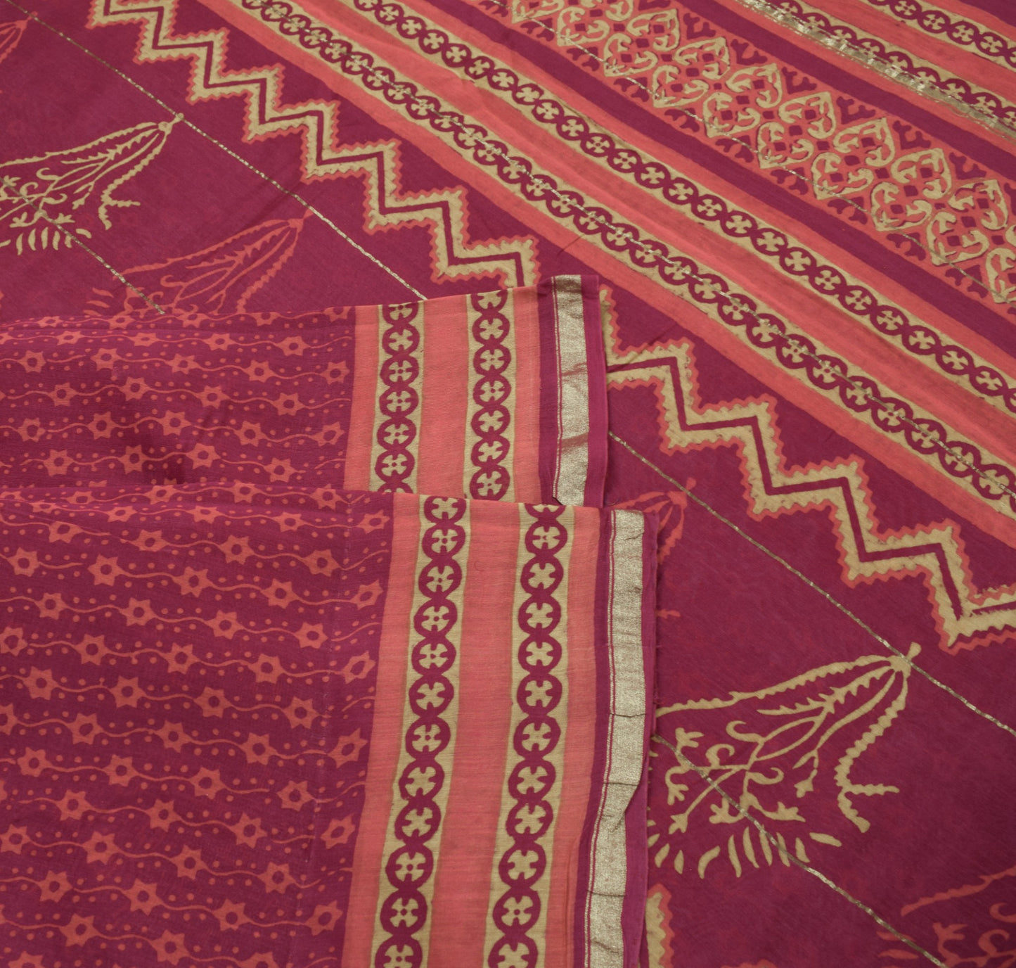 Sushila Vintage Burgundy Saree Pure Cotton Silk Handblock  5YD Sari Craft Fabric