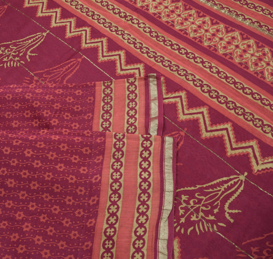Sushila Vintage Burgundy Saree Pure Cotton Silk Handblock  5YD Sari Craft Fabric