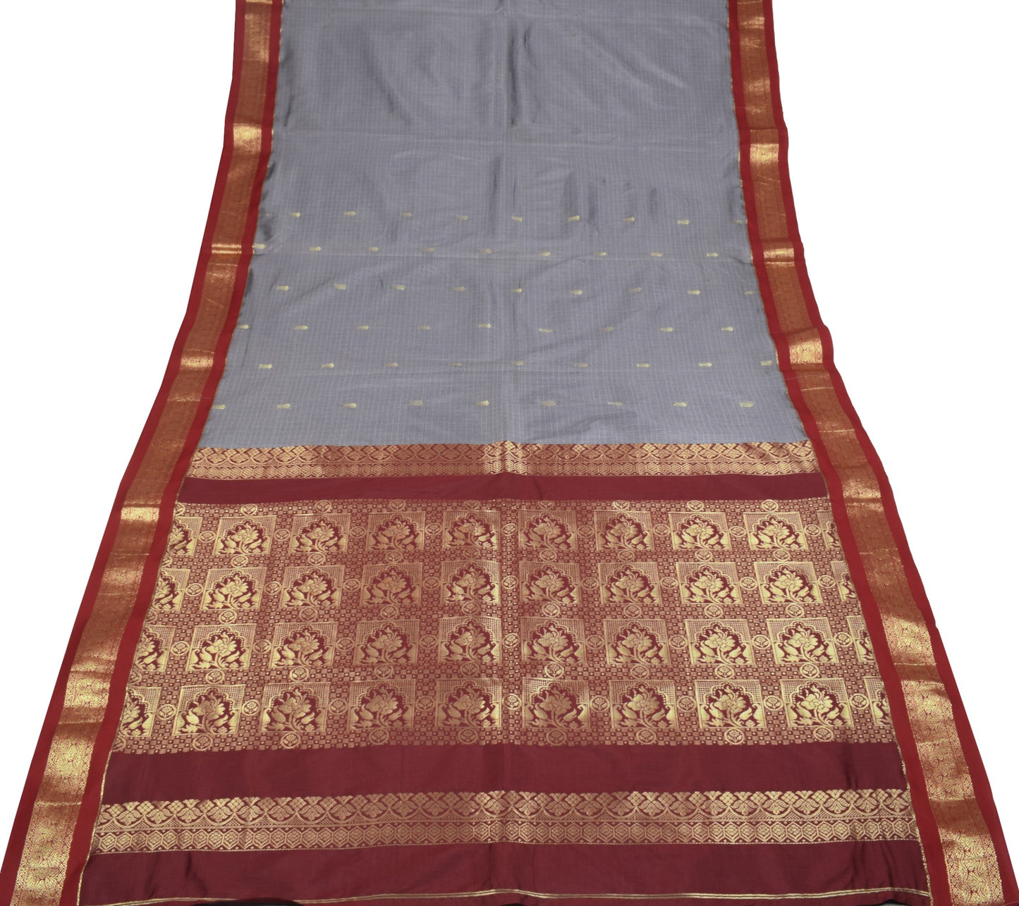 Sushila Vintage Grey Kanchipuram Saree contrasting Red Zari Border Art Silk Sari