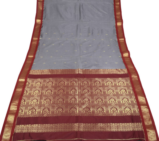 Sushila Vintage Grey Kanchipuram Saree contrasting Red Zari Border Art Silk Sari