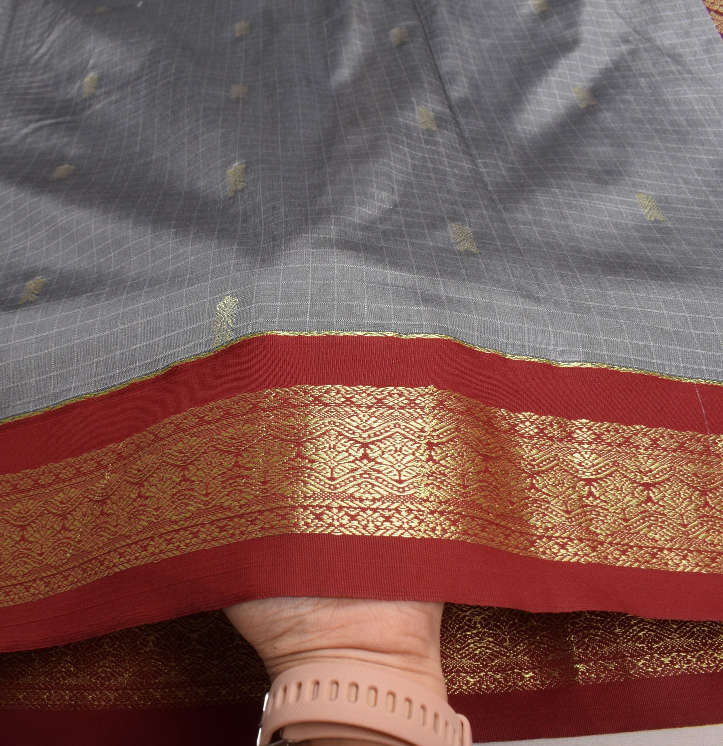 Sushila Vintage Grey Kanchipuram Saree contrasting Red Zari Border Art Silk Sari