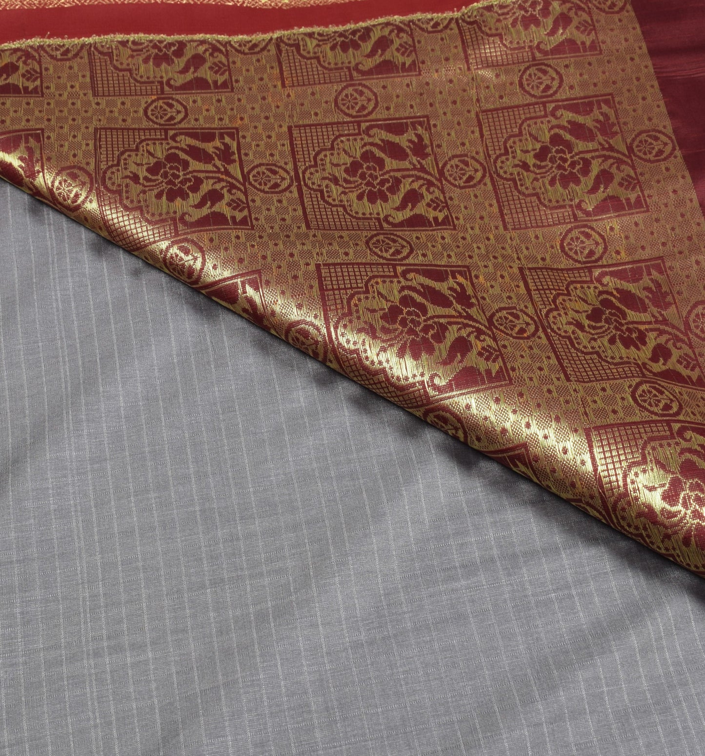 Sushila Vintage Grey Kanchipuram Saree contrasting Red Zari Border Art Silk Sari