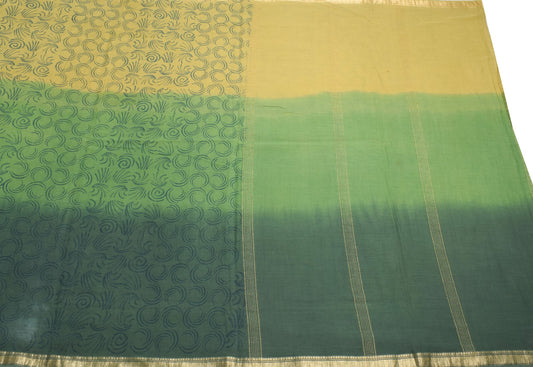 Sushila Vintage Green 6 Yard Saree Pure Cotton Printed & Zari Woven Sari Fabric