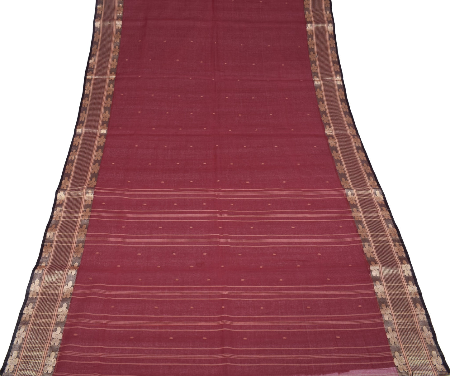 Sushila Vintage Maroon Bengal Tant Saree Zari Border Pure Cotton 5YD Sari Fabric