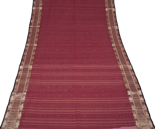Sushila Vintage Maroon Bengal Tant Saree Zari Border Pure Cotton 5YD Sari Fabric