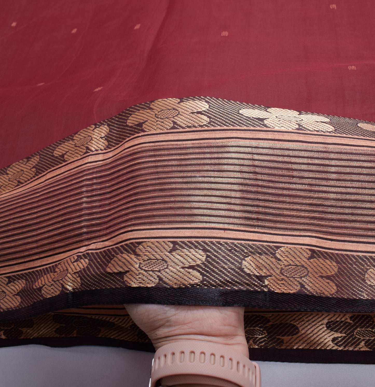 Sushila Vintage Maroon Bengal Tant Saree Zari Border Pure Cotton 5YD Sari Fabric