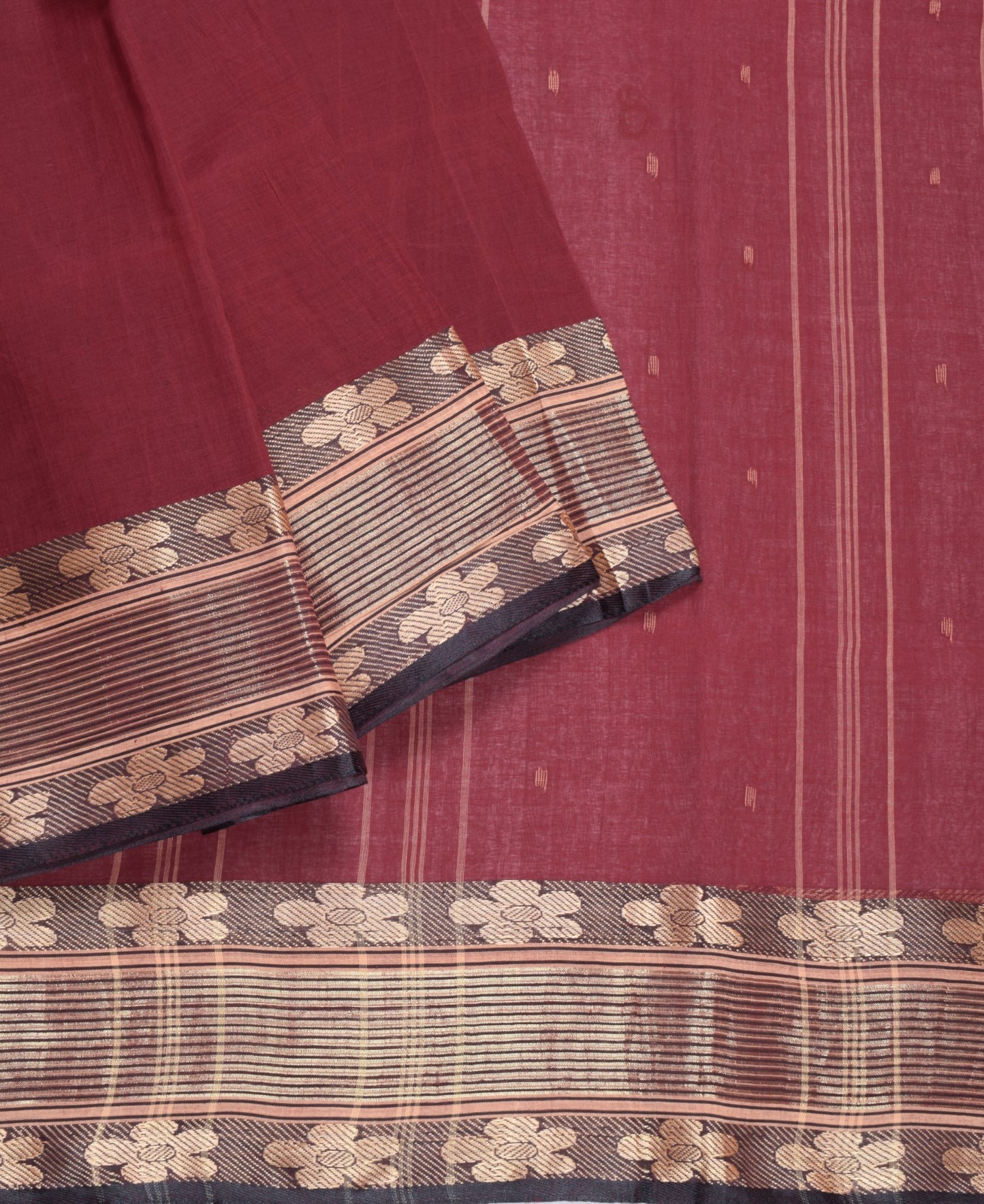 Sushila Vintage Maroon Bengal Tant Saree Zari Border Pure Cotton 5YD Sari Fabric