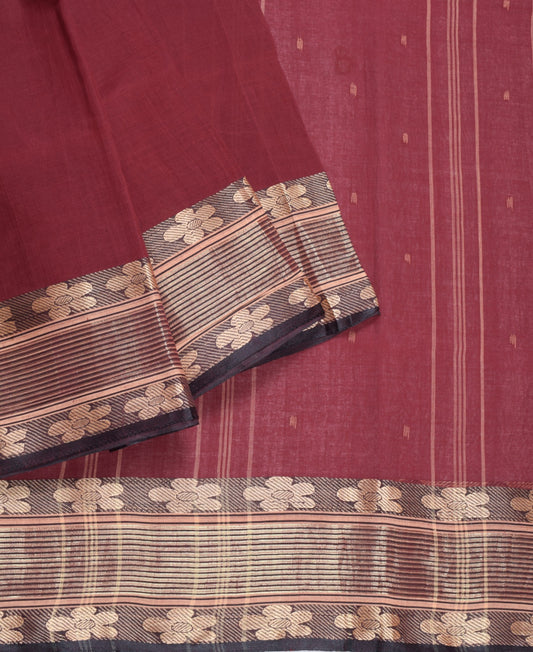 Sushila Vintage Maroon Bengal Tant Saree Zari Border Pure Cotton 5YD Sari Fabric