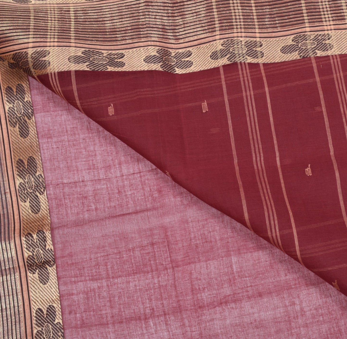 Sushila Vintage Maroon Bengal Tant Saree Zari Border Pure Cotton 5YD Sari Fabric