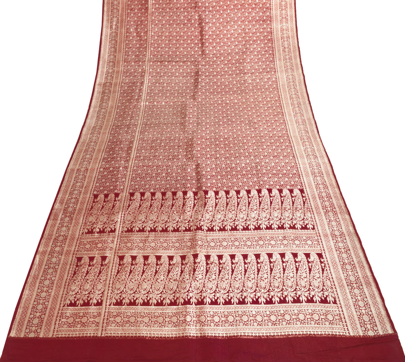 Sushila Vintage Heavy Saree Pure Satin Silk Banarasi Brocade Maroon Sari Fabric