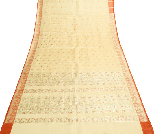 Sushila Vintage Beige Heavy Saree Pure Satin Silk Banarasi Brocade Sari Fabric