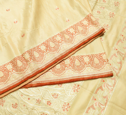 Sushila Vintage Beige Heavy Saree Pure Satin Silk Banarasi Brocade Sari Fabric