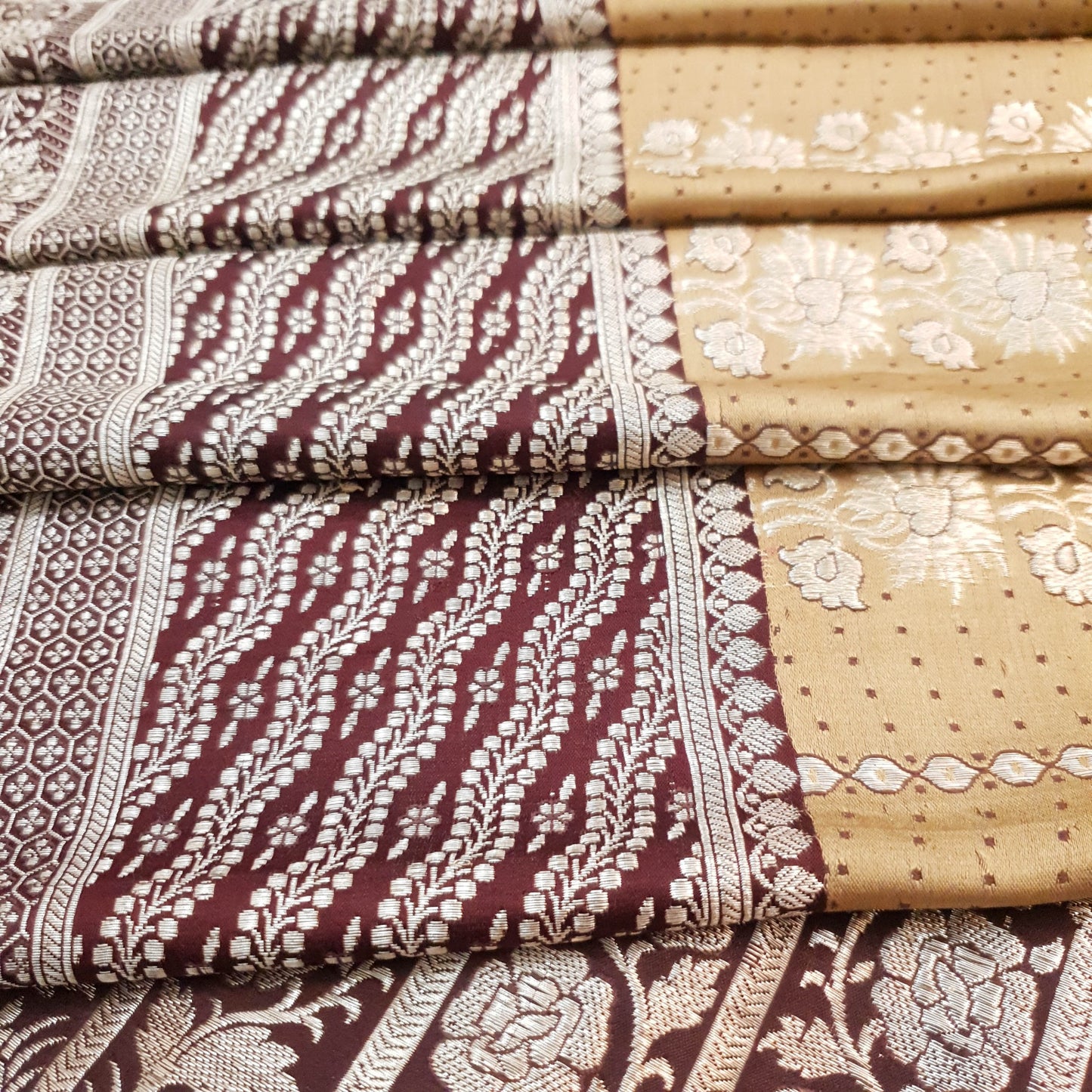 Sushila Vintage Light Brown Saree Pure Satin Silk Banarasi Brocade Sari Fabric