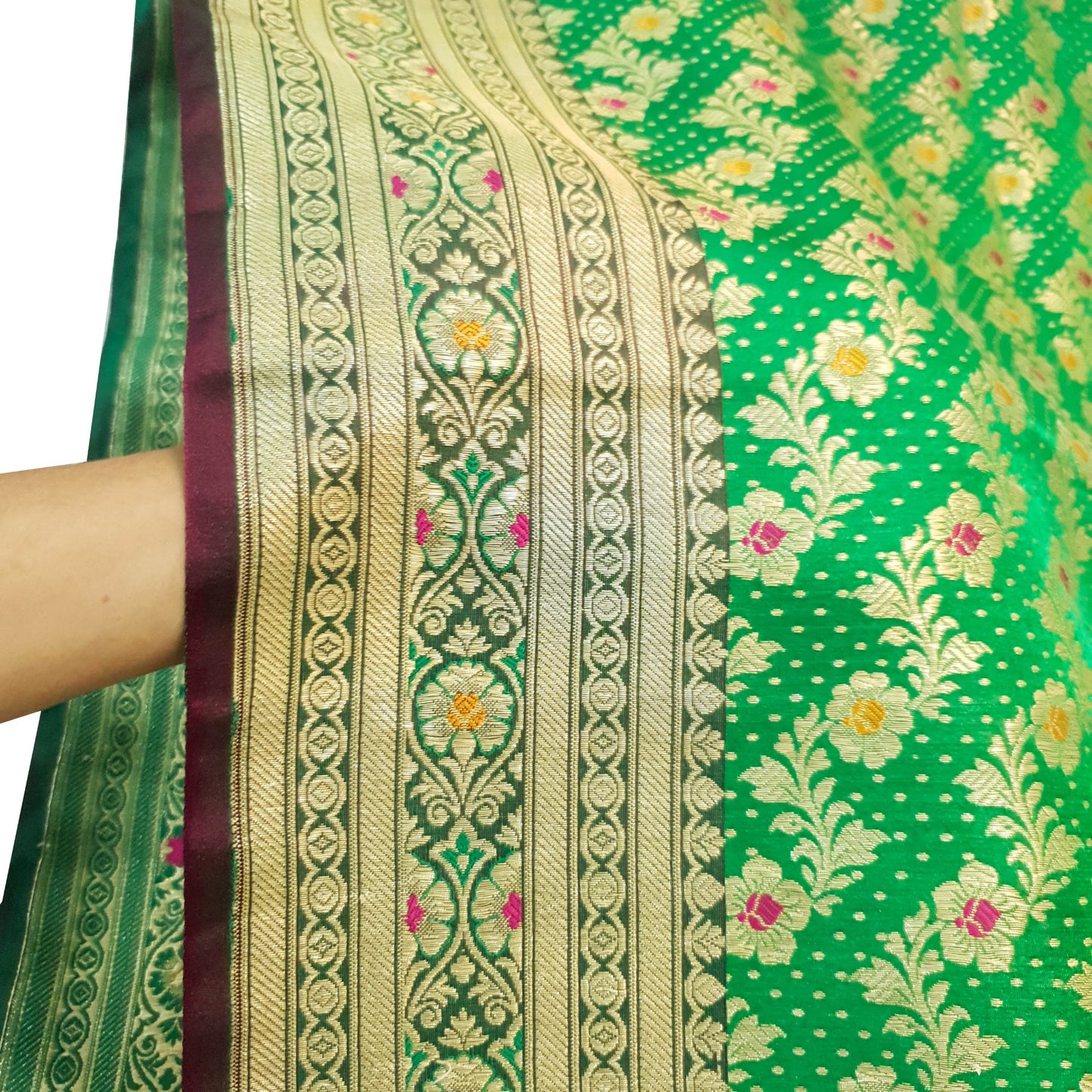 Sushila Vintage Heavy Banarasi Brocade Saree Art Satin Silk Green Sari Fabric