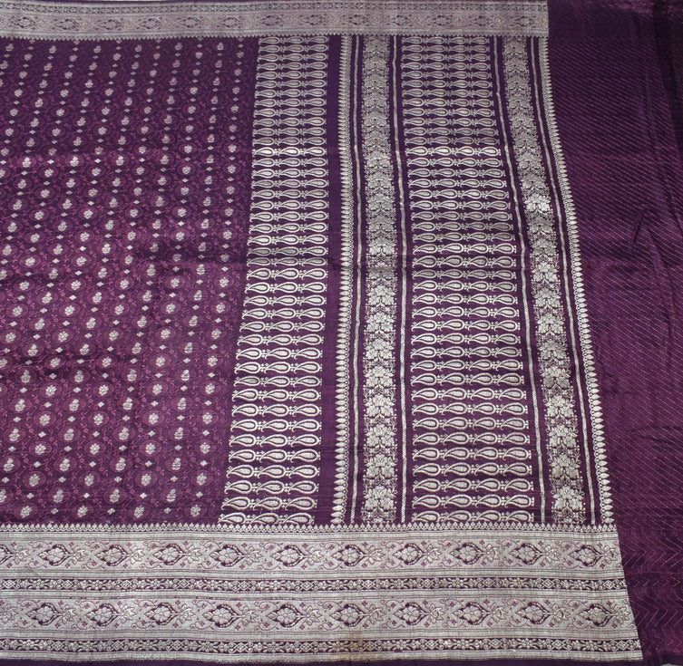Sushila Vintage Heavy Banarasi Saree Pure Satin Silk Purple Woven Sari Fabric