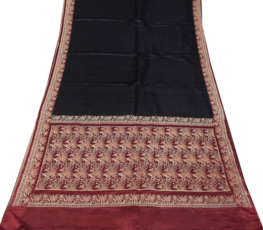 Sushila Vintage Heavy Black Saree 100%Pure Satin Silk Banarasi Woven Sari Fabric