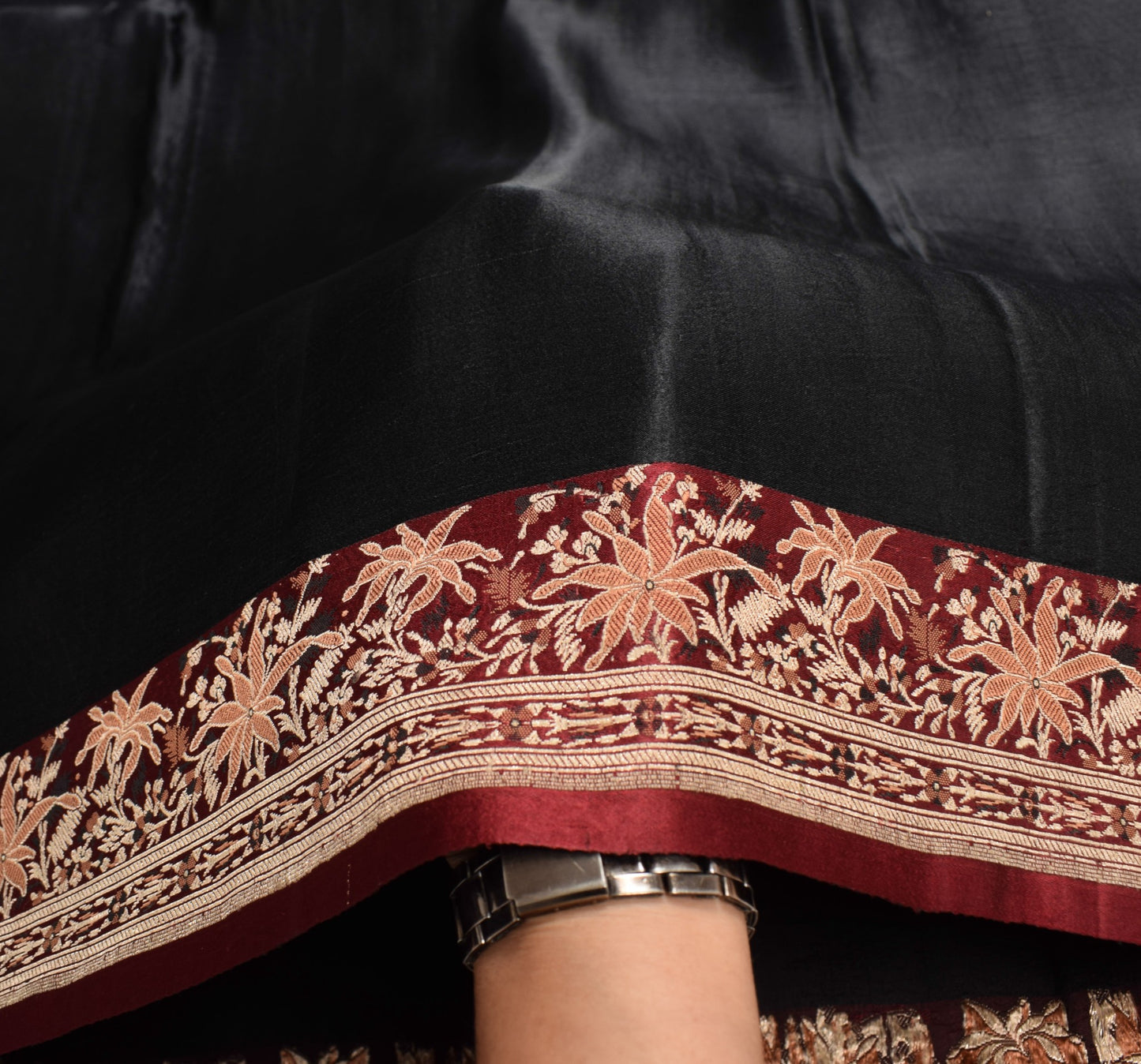 Sushila Vintage Heavy Black Saree 100%Pure Satin Silk Banarasi Woven Sari Fabric