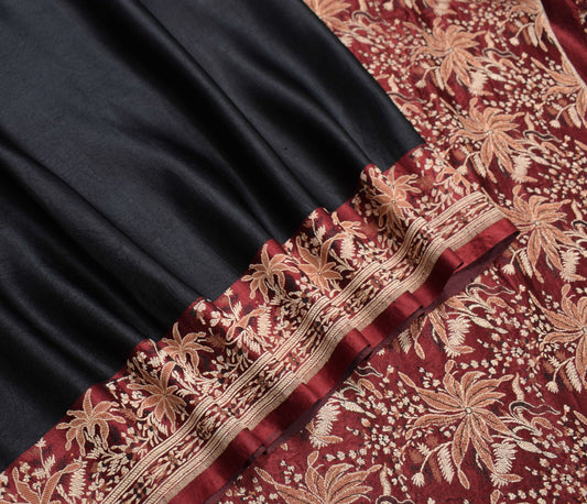 Sushila Vintage Heavy Black Saree 100%Pure Satin Silk Banarasi Woven Sari Fabric