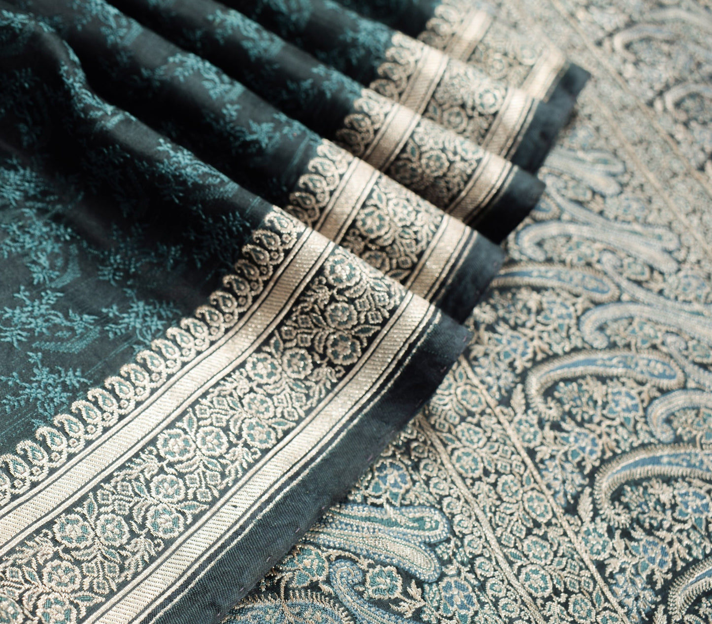 Sushila Vintage Teal Blue Saree Pure Satin Silk Banarasi Brocade Woven Sari