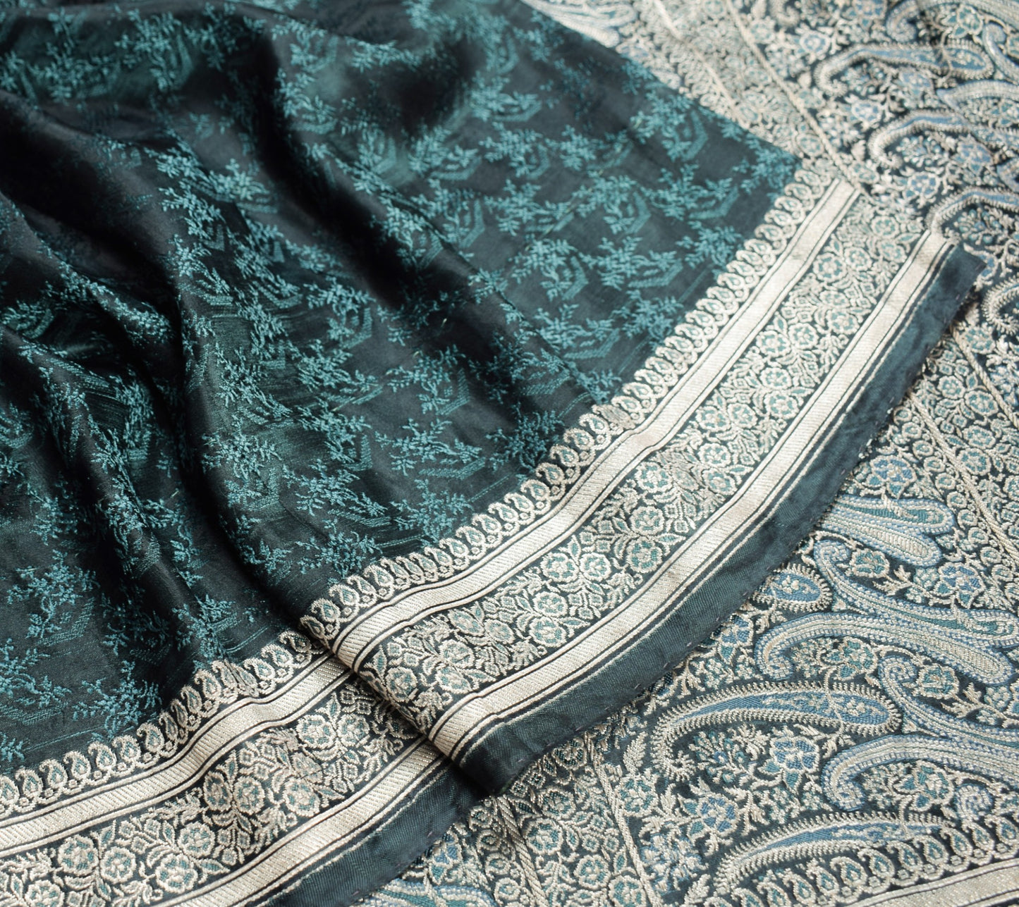 Sushila Vintage Teal Blue Saree Pure Satin Silk Banarasi Brocade Woven Sari
