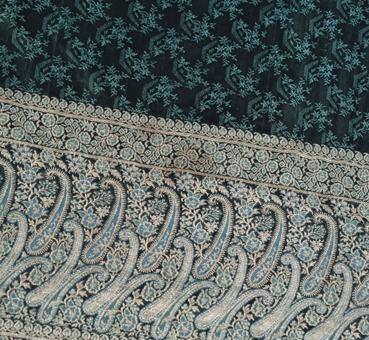 Sushila Vintage Teal Blue Saree Pure Satin Silk Banarasi Brocade Woven Sari