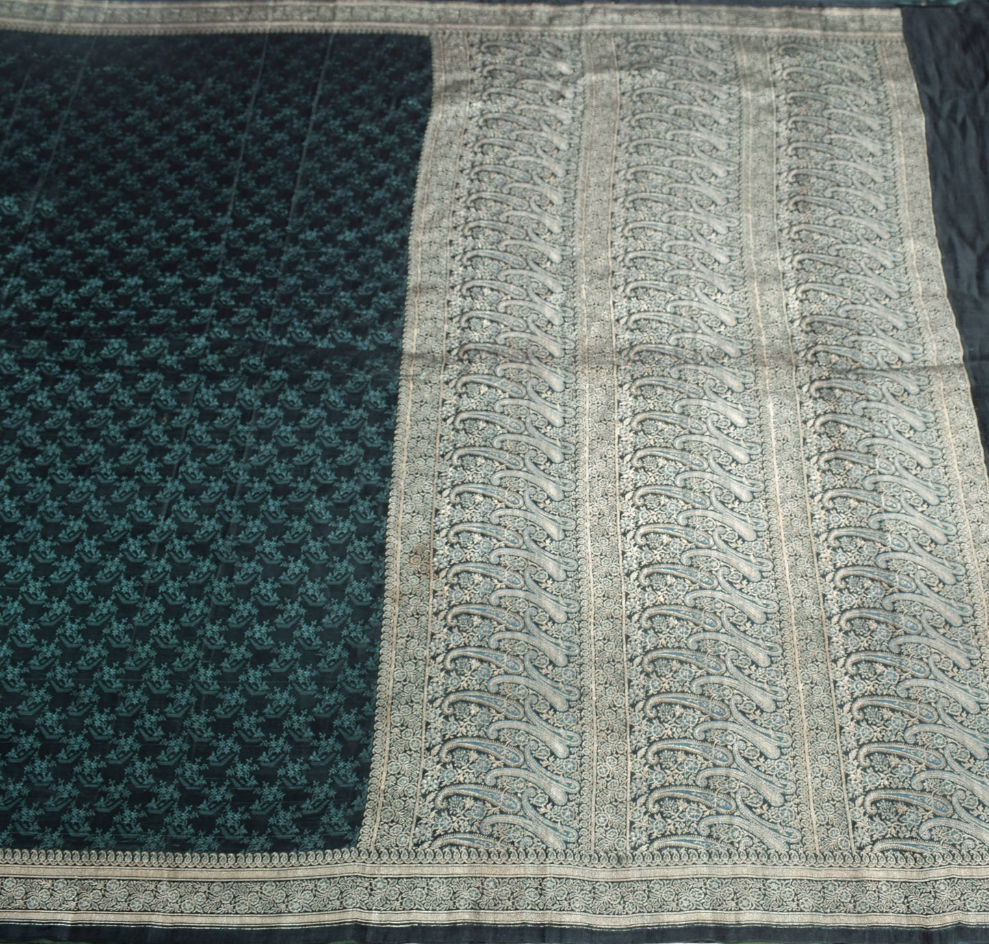 Sushila Vintage Teal Blue Saree Pure Satin Silk Banarasi Brocade Woven Sari