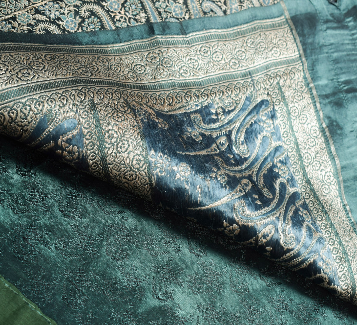 Sushila Vintage Teal Blue Saree Pure Satin Silk Banarasi Brocade Woven Sari