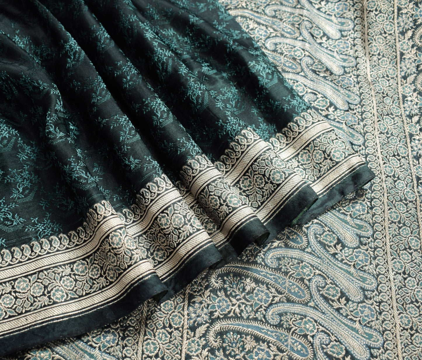 Sushila Vintage Teal Blue Saree Pure Satin Silk Banarasi Brocade Woven Sari