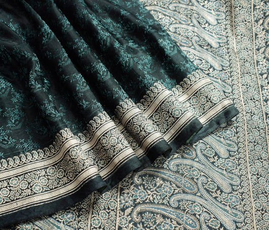 Sushila Vintage Teal Blue Saree Pure Satin Silk Banarasi Brocade Woven Sari