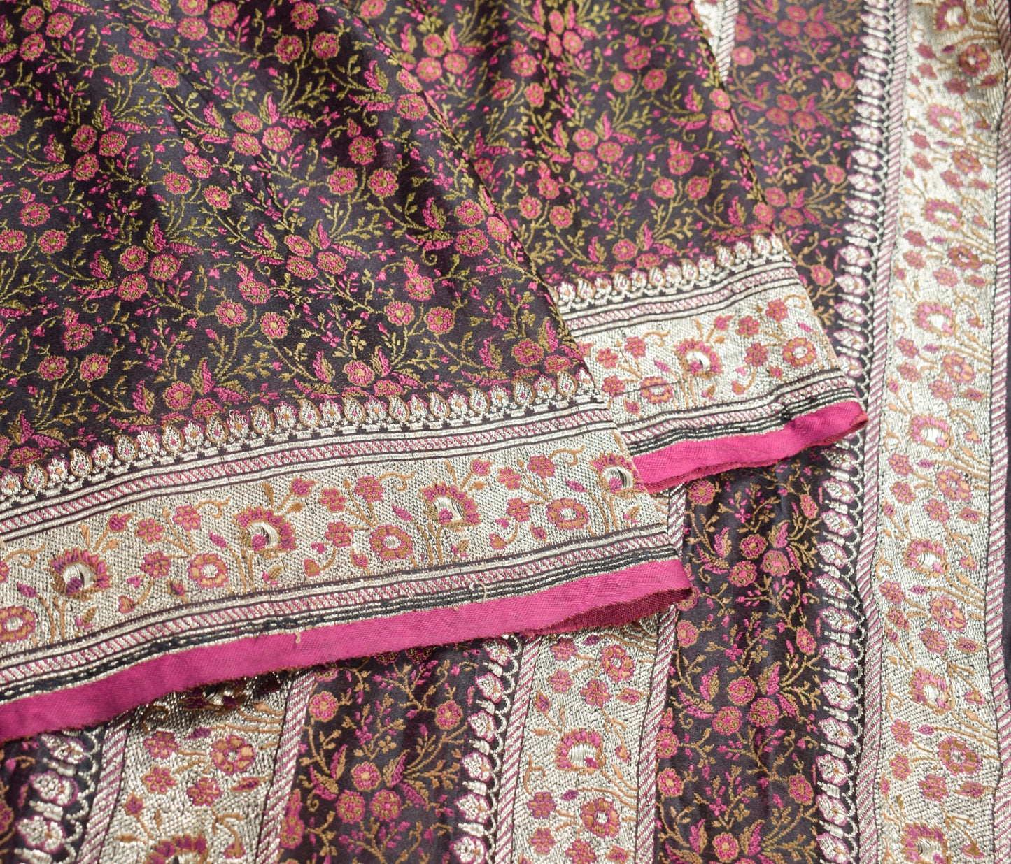 Sushila Vintage Heavy Saree Pure Satin Silk Banarasi Black Woven Sari Fabric