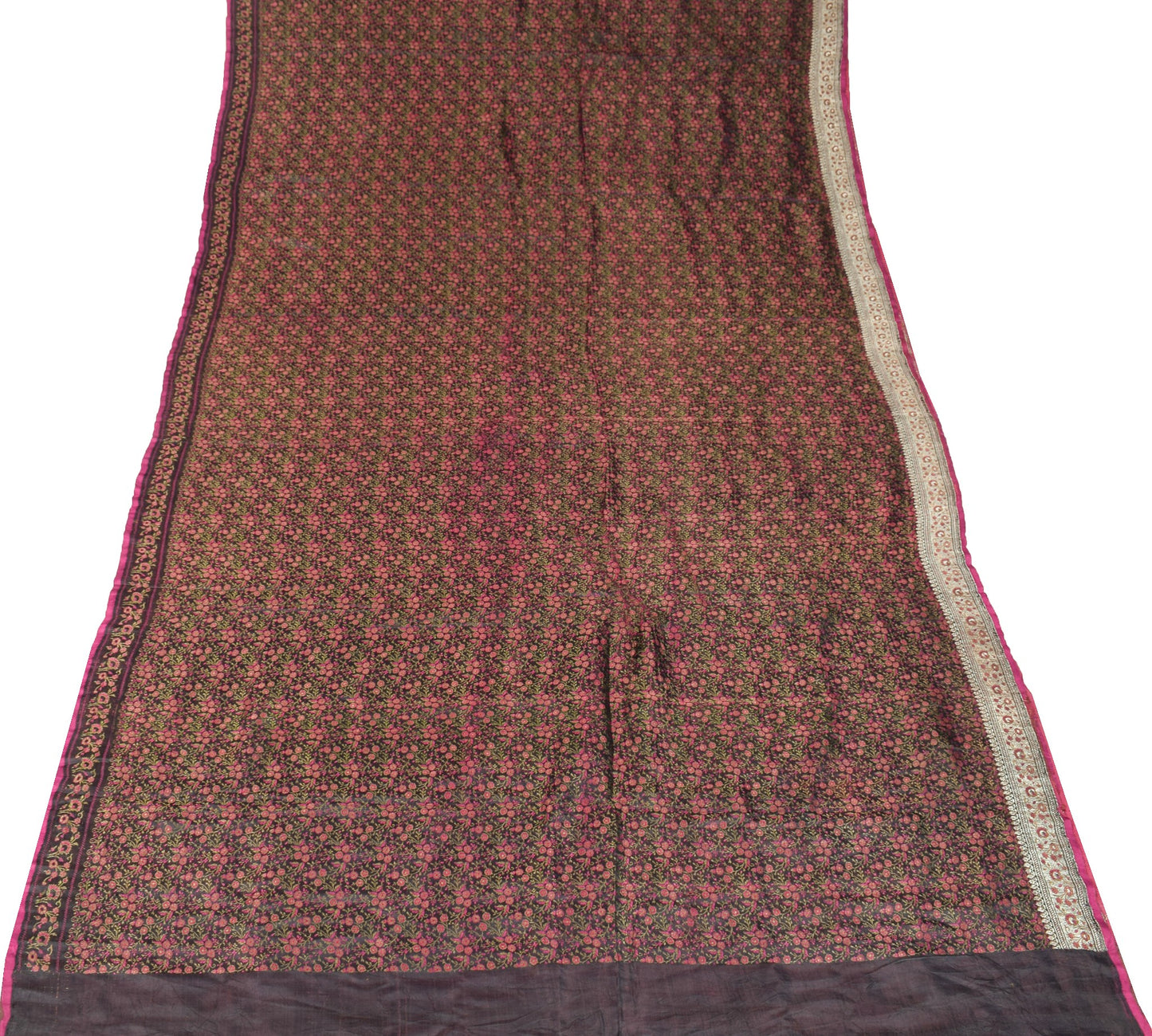 Sushila Vintage Heavy Saree Pure Satin Silk Banarasi Black Woven Sari Fabric