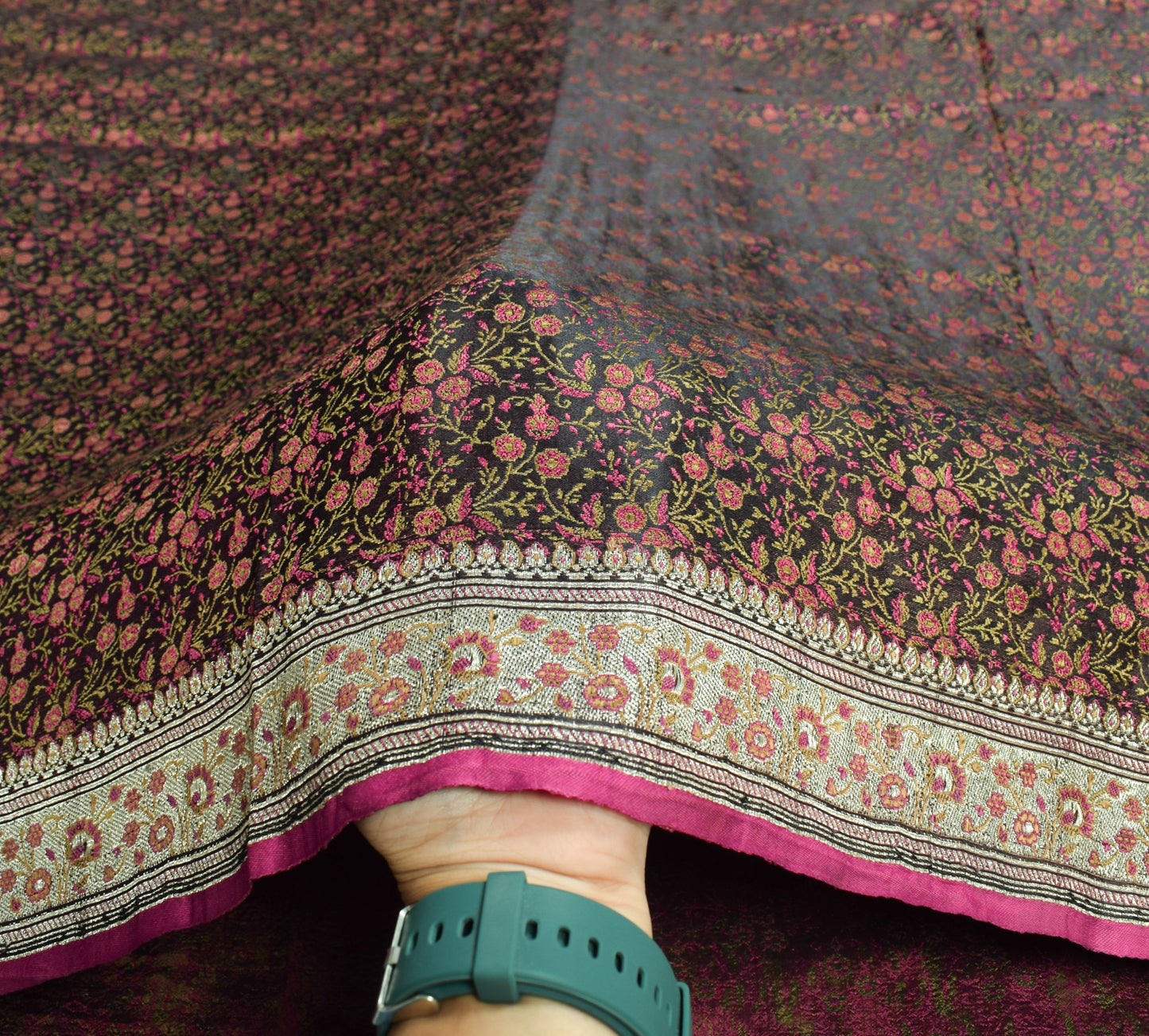 Sushila Vintage Heavy Saree Pure Satin Silk Banarasi Black Woven Sari Fabric