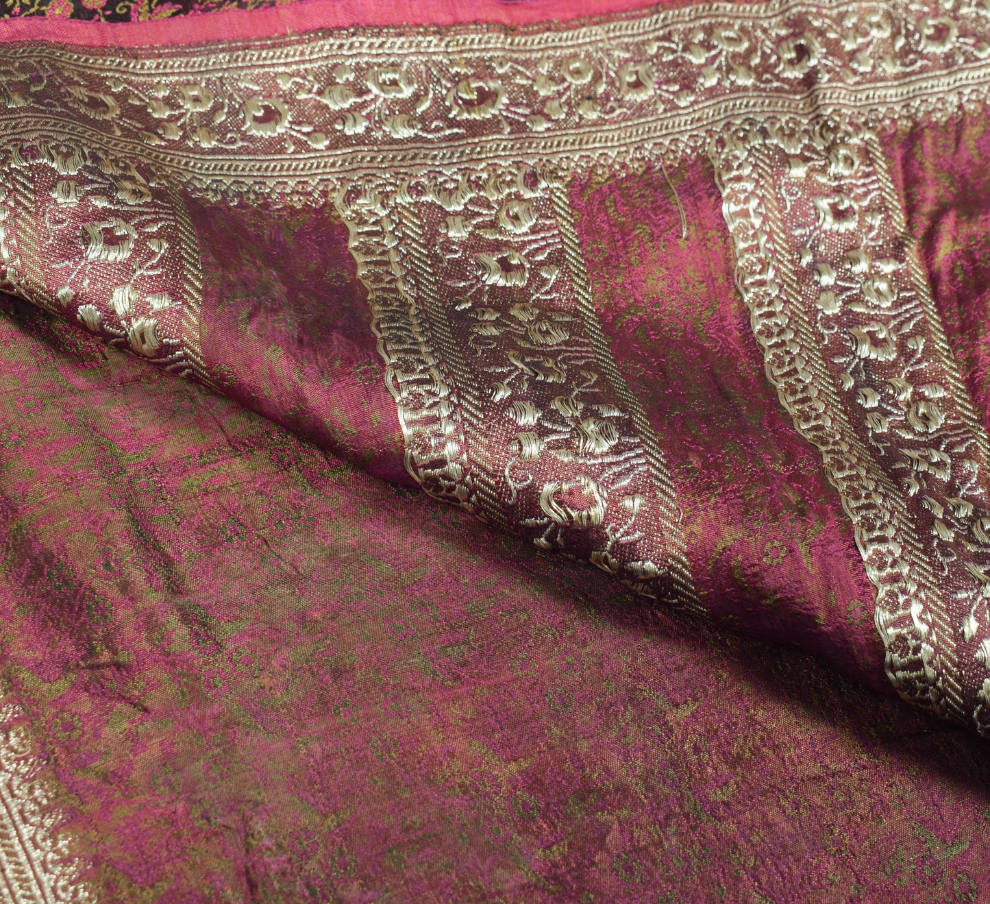 Sushila Vintage Heavy Saree Pure Satin Silk Banarasi Black Woven Sari Fabric
