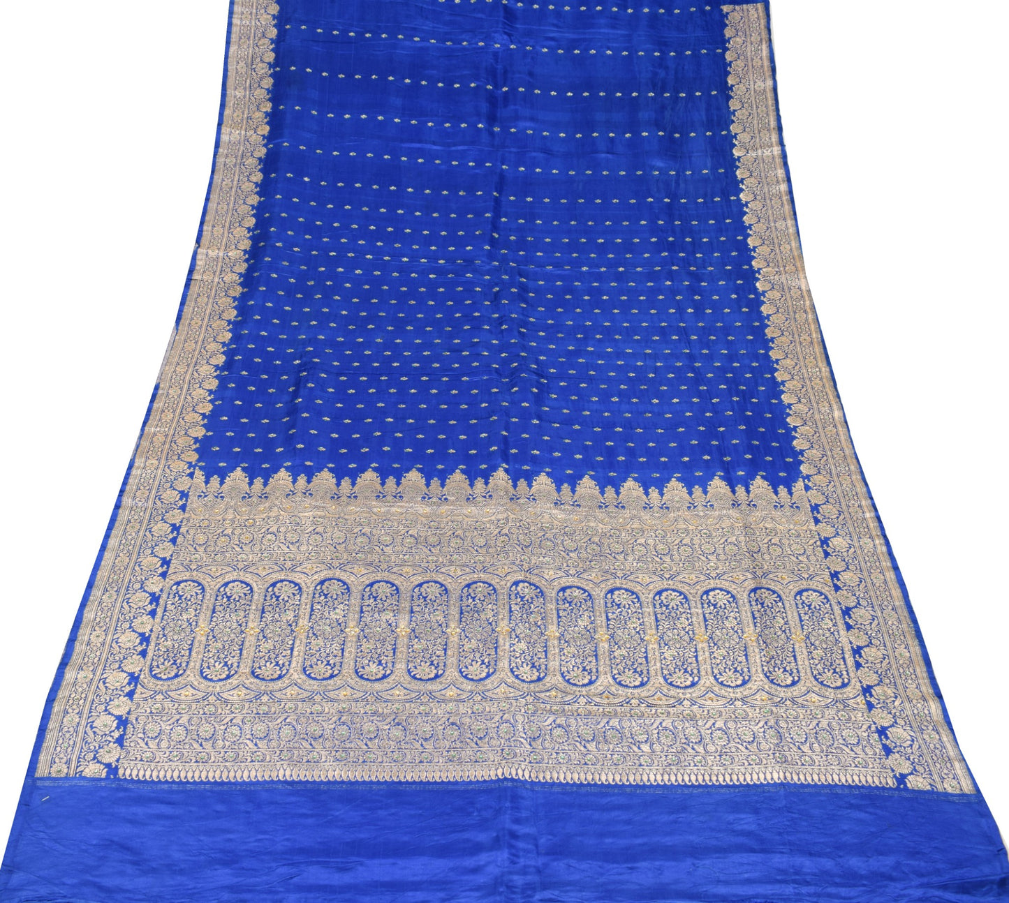 Sushila Vintage Heavy Saree Pure Satin Silk Banarasi Brocade Blue Sari Fabric