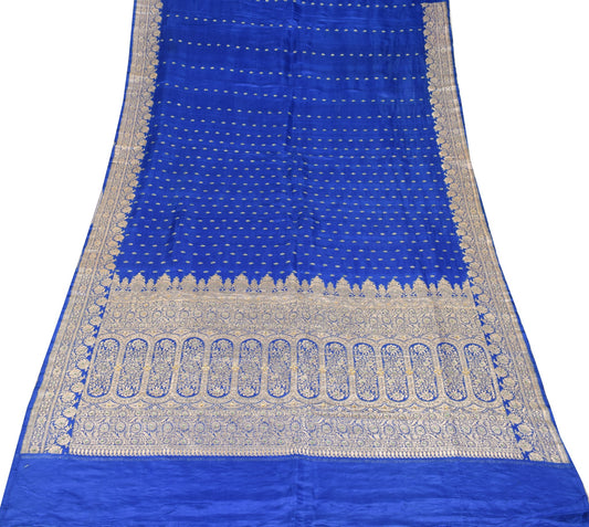 Sushila Vintage Heavy Saree Pure Satin Silk Banarasi Brocade Blue Sari Fabric