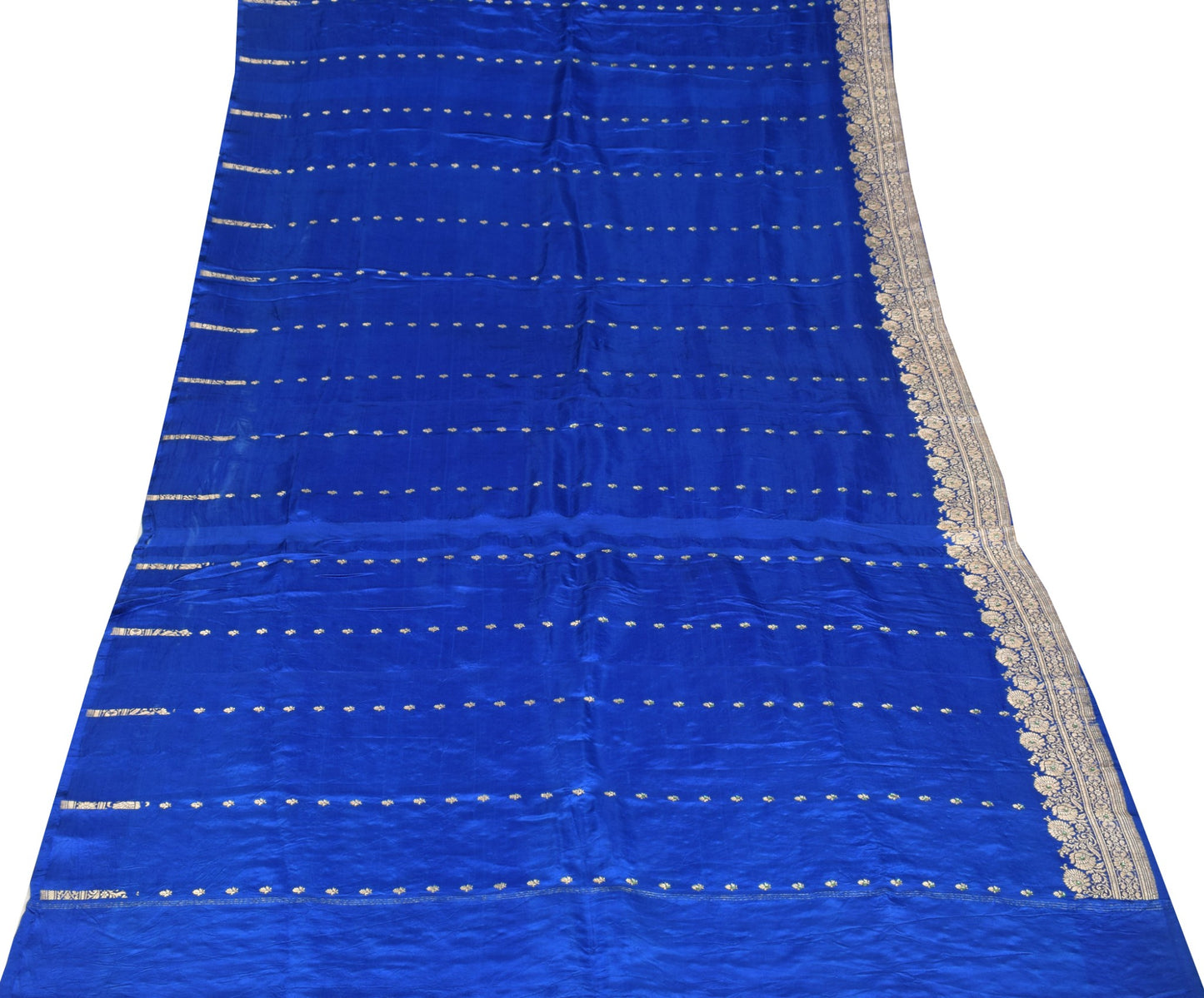 Sushila Vintage Heavy Saree Pure Satin Silk Banarasi Brocade Blue Sari Fabric