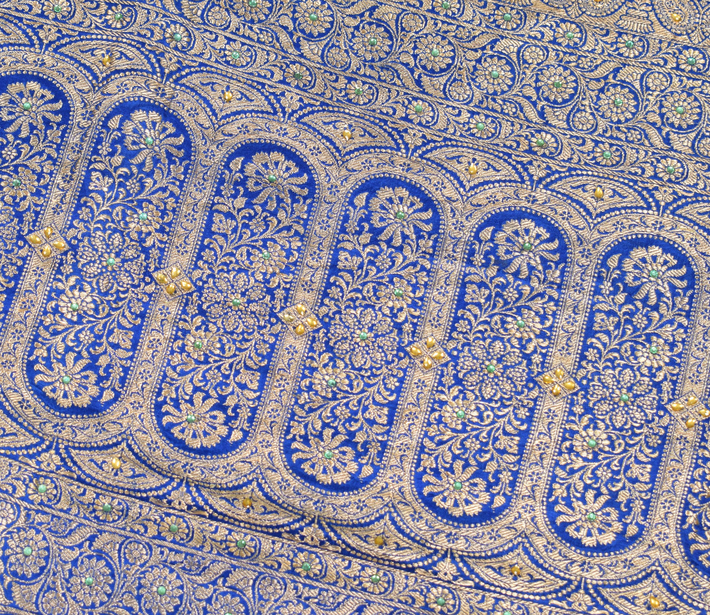 Sushila Vintage Heavy Saree Pure Satin Silk Banarasi Brocade Blue Sari Fabric