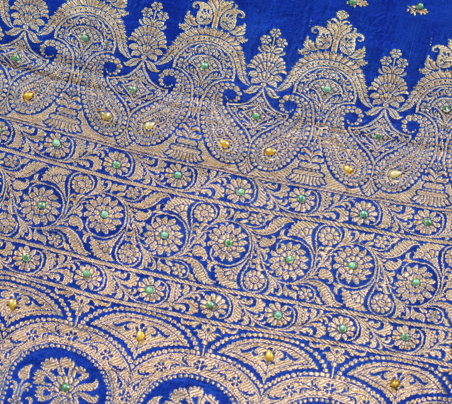 Sushila Vintage Heavy Saree Pure Satin Silk Banarasi Brocade Blue Sari Fabric