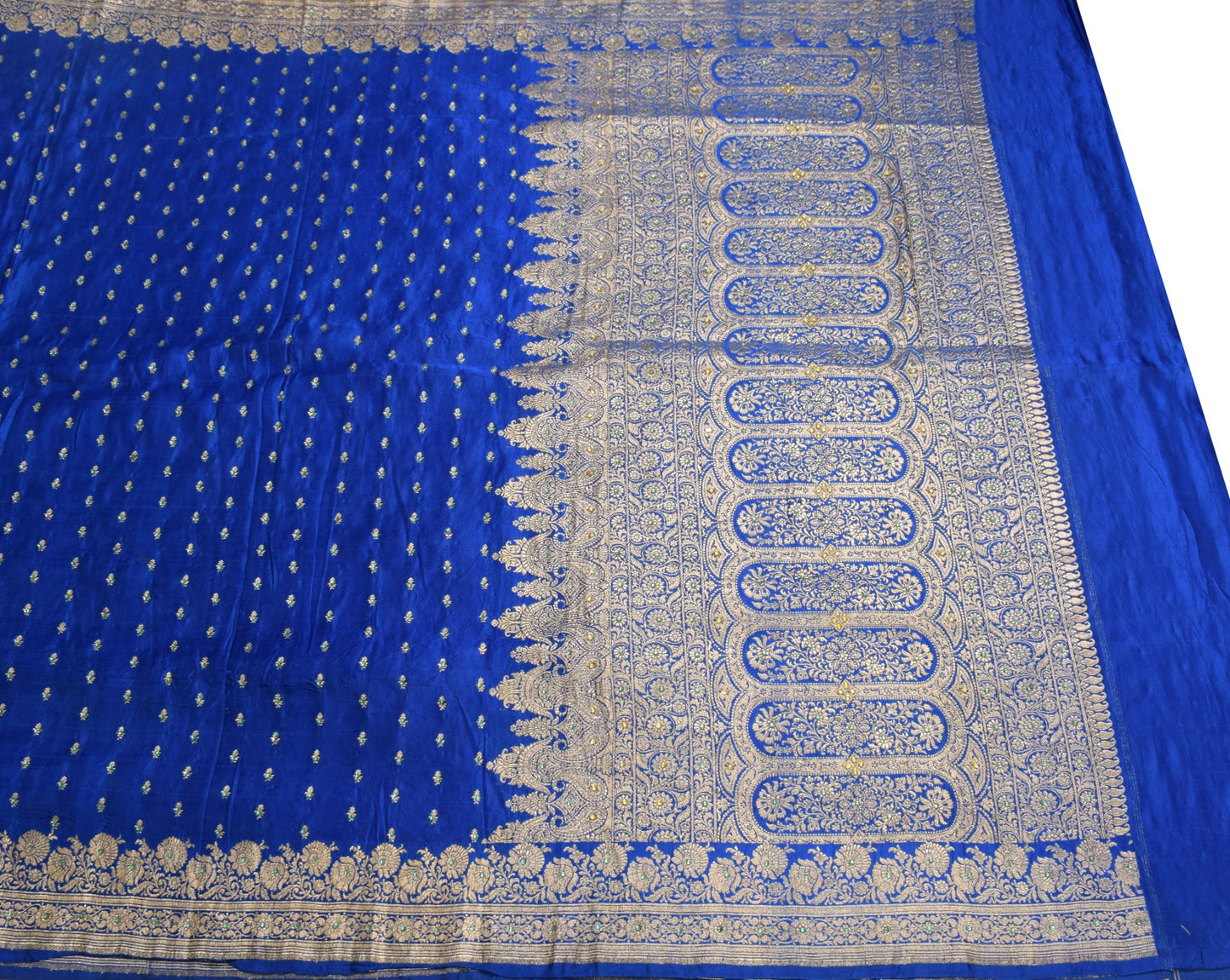 Sushila Vintage Heavy Saree Pure Satin Silk Banarasi Brocade Blue Sari Fabric