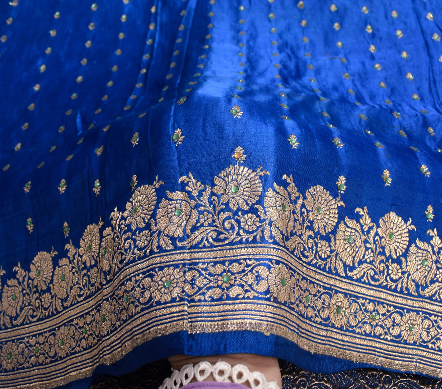 Sushila Vintage Heavy Saree Pure Satin Silk Banarasi Brocade Blue Sari Fabric