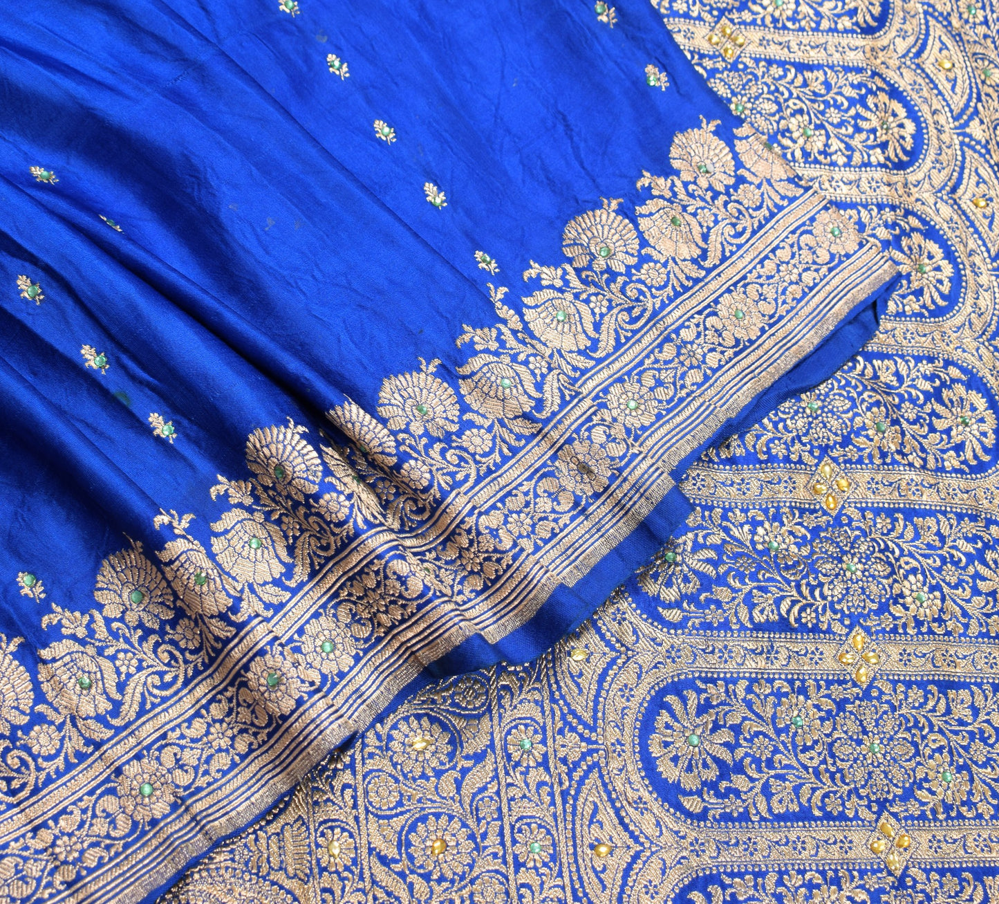 Sushila Vintage Heavy Saree Pure Satin Silk Banarasi Brocade Blue Sari Fabric