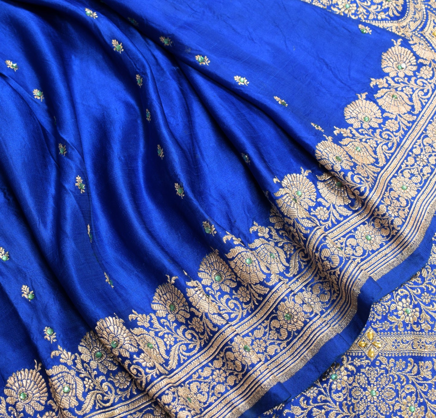Sushila Vintage Heavy Saree Pure Satin Silk Banarasi Brocade Blue Sari Fabric