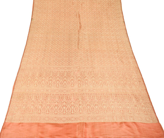 Sushila Vintage Heavy Saree Pure Satin Silk Banarasi Peach Woven Sari Fabric
