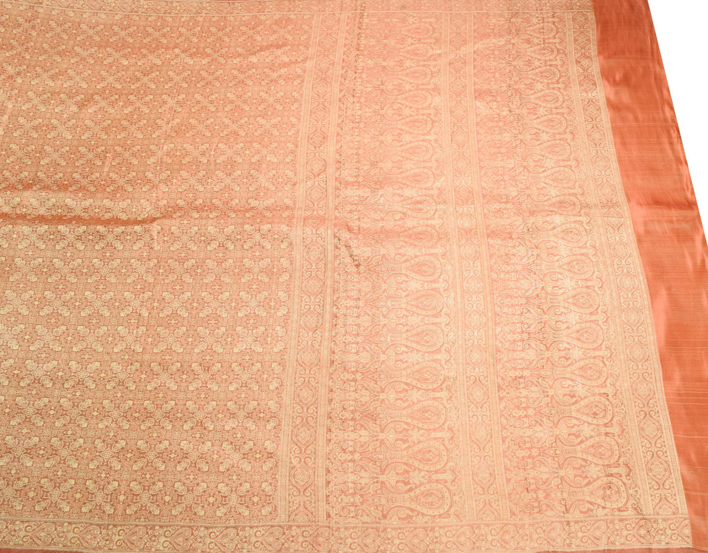 Sushila Vintage Heavy Saree Pure Satin Silk Banarasi Peach Woven Sari Fabric