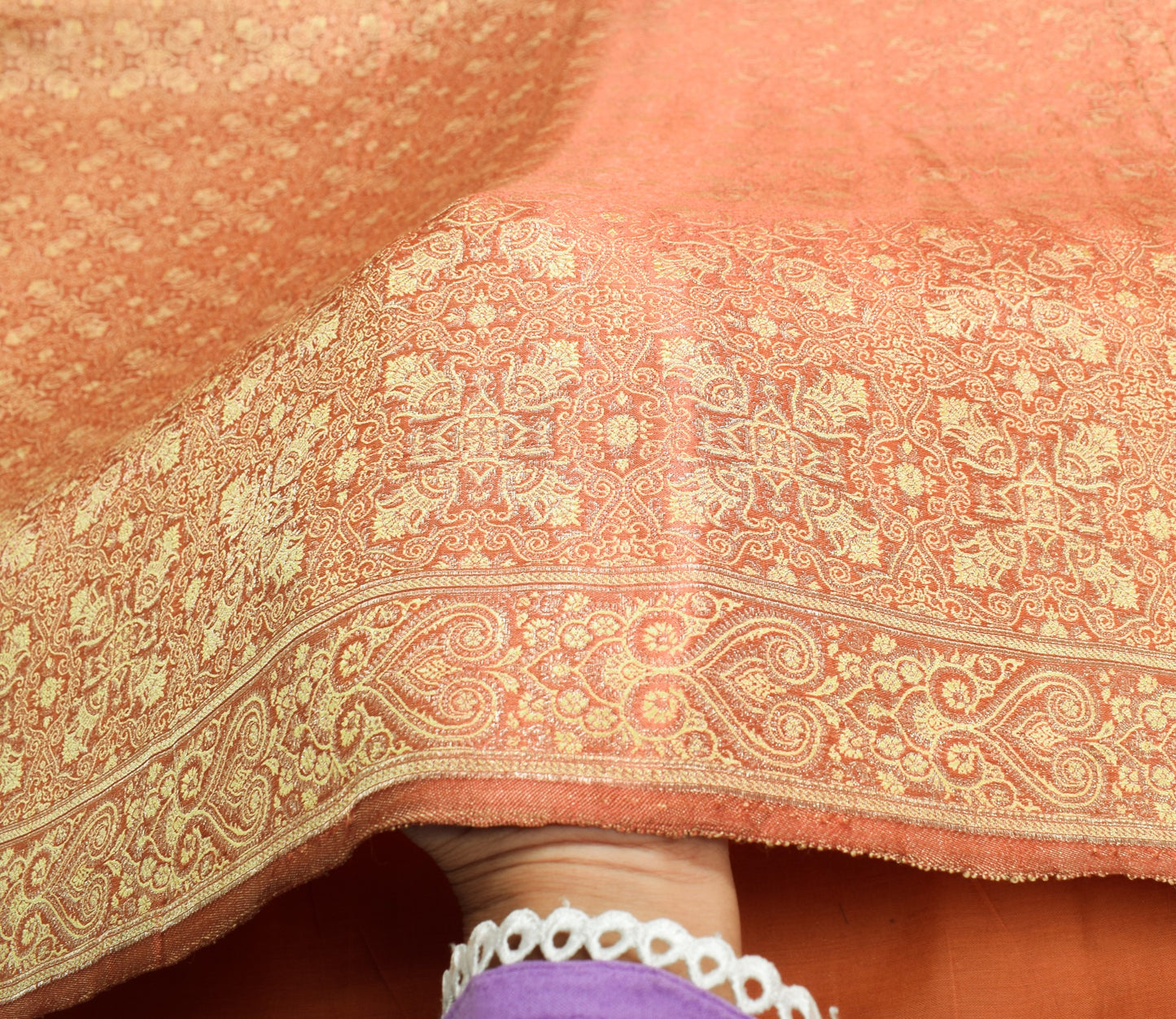 Sushila Vintage Heavy Saree Pure Satin Silk Banarasi Peach Woven Sari Fabric