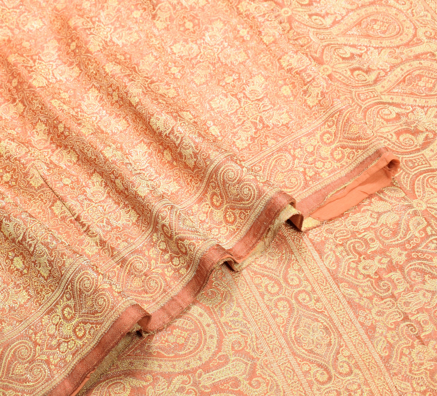 Sushila Vintage Heavy Saree Pure Satin Silk Banarasi Peach Woven Sari Fabric