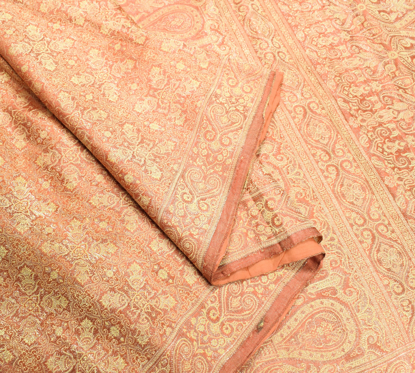 Sushila Vintage Heavy Saree Pure Satin Silk Banarasi Peach Woven Sari Fabric