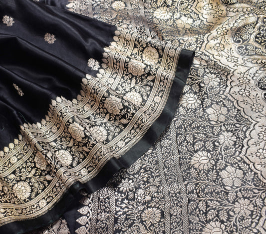 Sushila Vintage Heavy Saree Pure Satin Silk Black Banarasi Brocade Sari Fabric