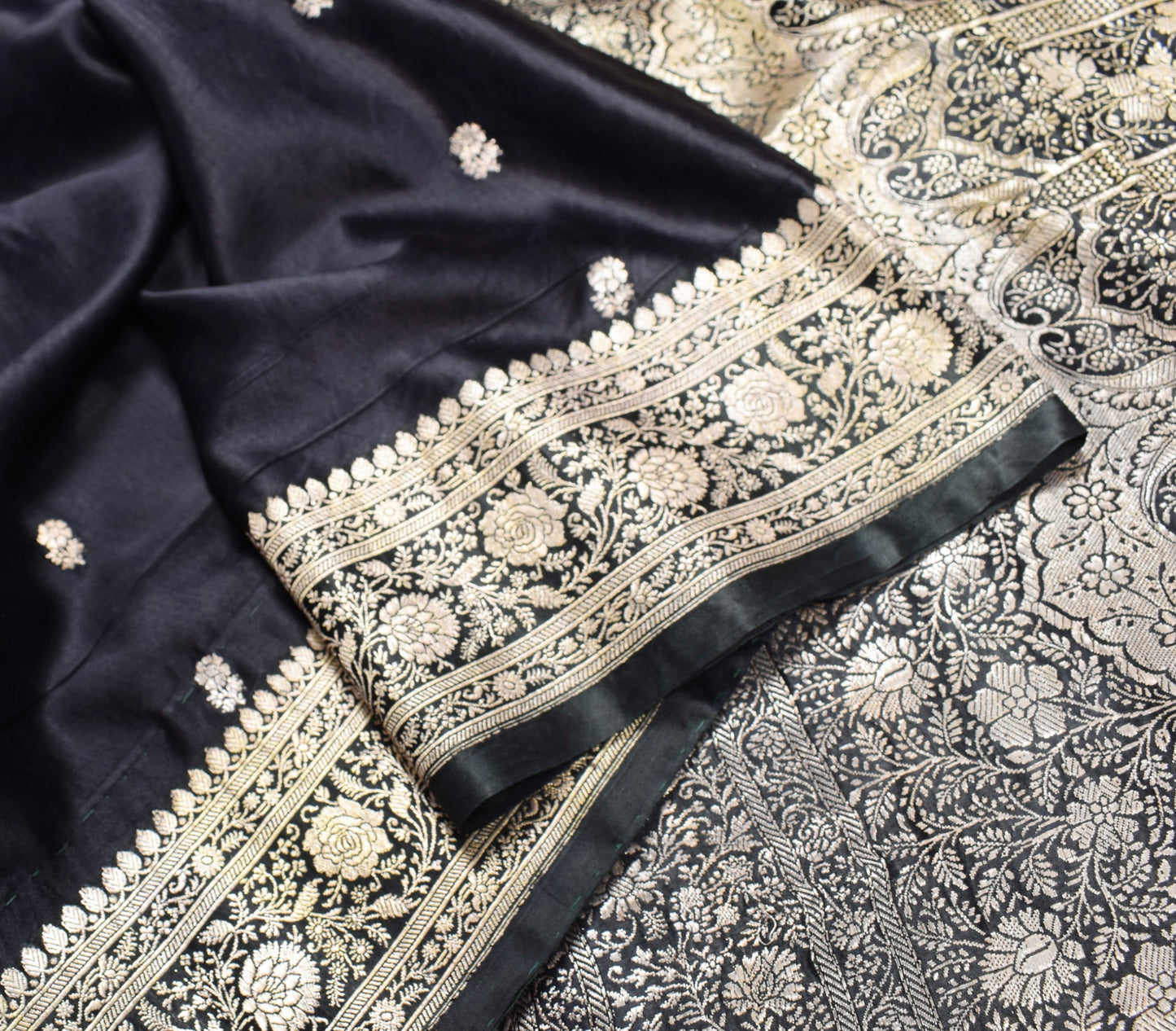 Sushila Vintage Heavy Saree Pure Satin Silk Black Banarasi Brocade Sari Fabric
